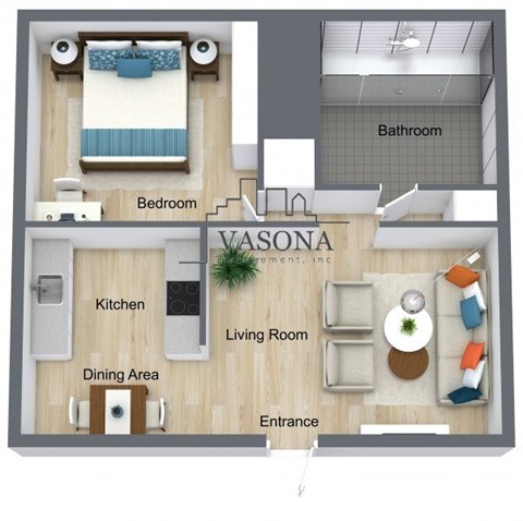 A floor plan of a Vasona apartment showing a bedroom, living room, kitchen, dining area, and bathroom.